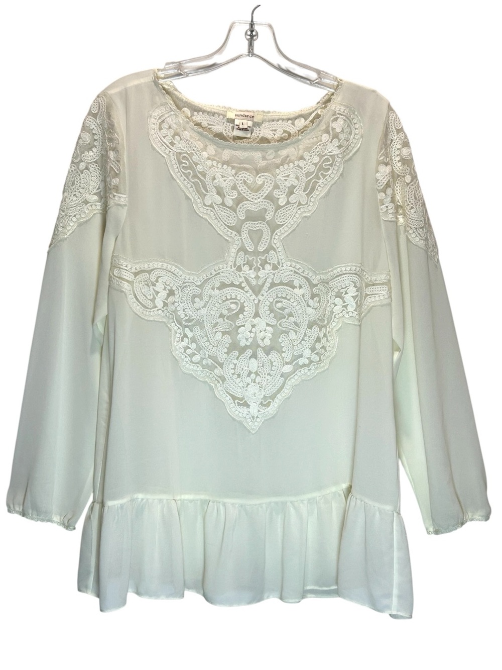 Sundance Ivory Embroidered Peasant Tunic Top w/ Long Sleeves, Ruffle Hem - Large